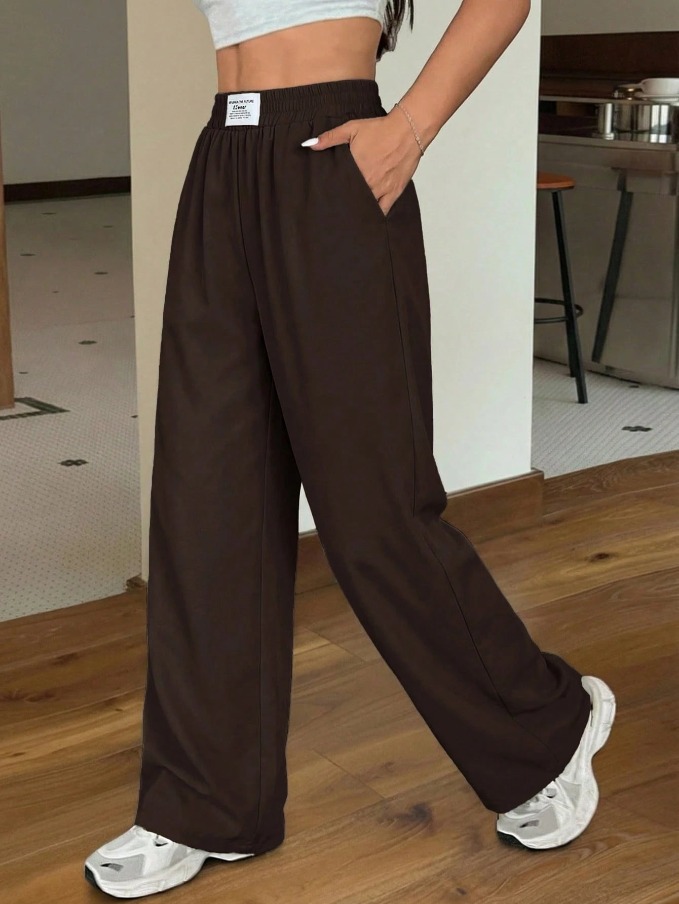 EZwear Black Loose Casual Straight Leg Pants, Spring/Summer