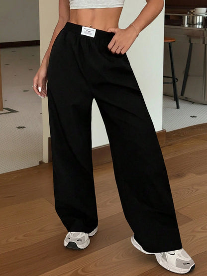 EZwear Black Loose Casual Straight Leg Pants, Spring/Summer