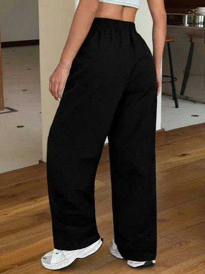 EZwear Black Loose Casual Straight Leg Pants, Spring/Summer