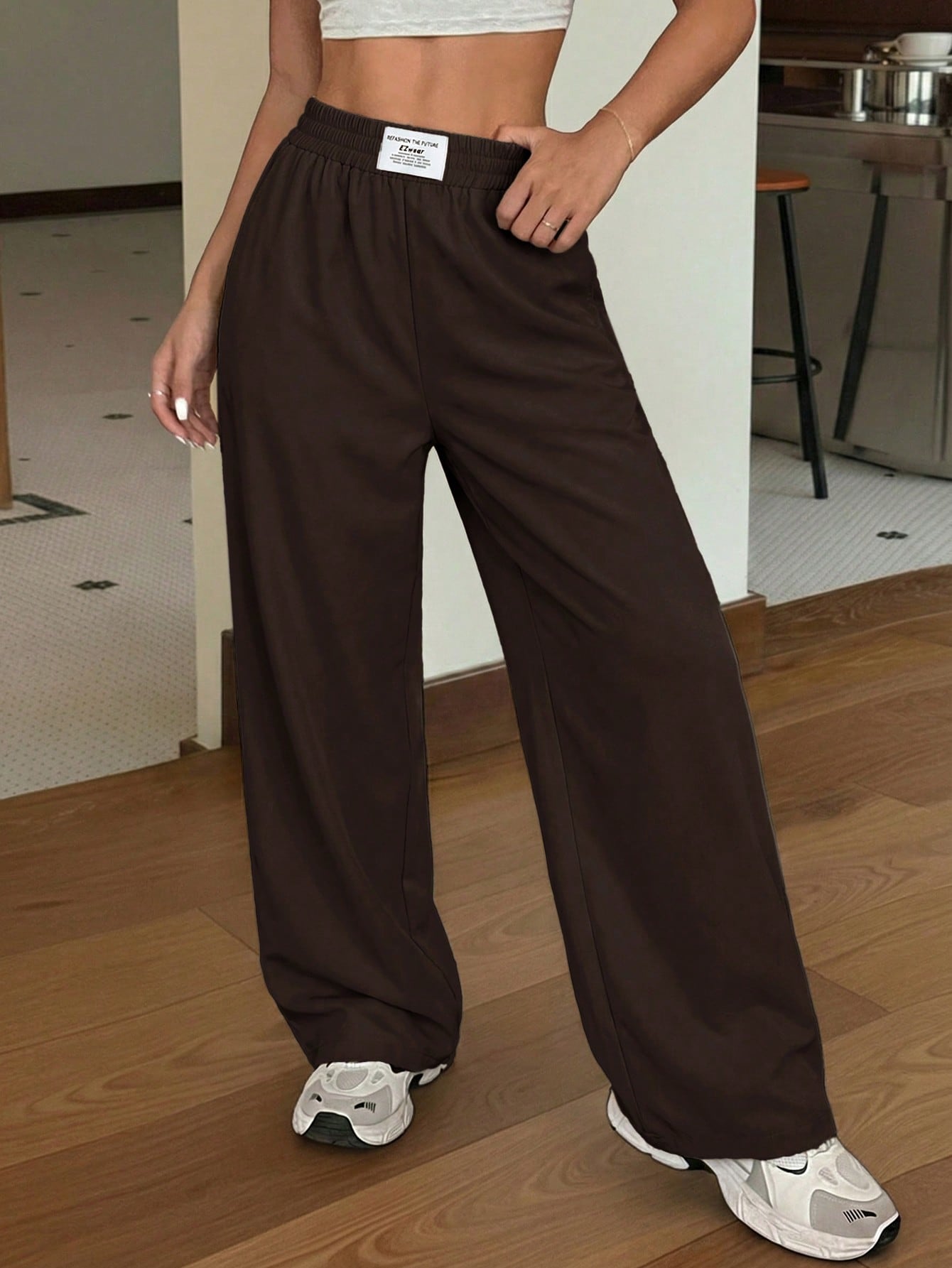 EZwear Black Loose Casual Straight Leg Pants, Spring/Summer