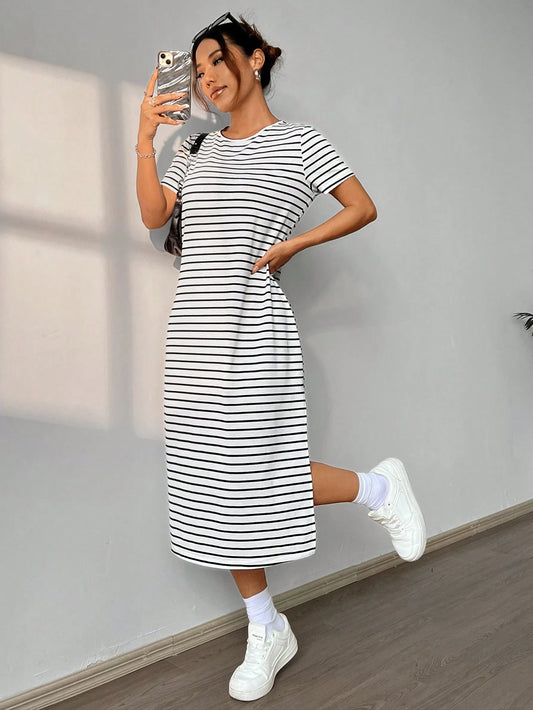 EZwear Black & White Striped Knitted Short Sleeve Casual Summer Dress With Print,Summer Dresses
Spring Clothes
