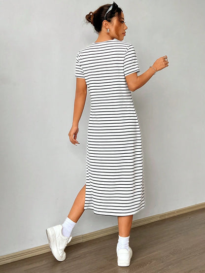EZwear Black & White Striped Knitted Short Sleeve Casual Summer Dress With Print,Summer Dresses
Spring Clothes