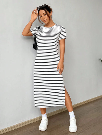 EZwear Black & White Striped Knitted Short Sleeve Casual Summer Dress With Print,Summer Dresses
Spring Clothes