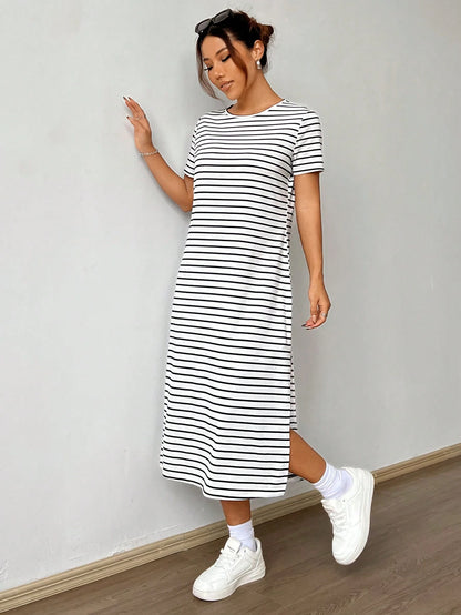 EZwear Black & White Striped Knitted Short Sleeve Casual Summer Dress With Print,Summer Dresses
Spring Clothes