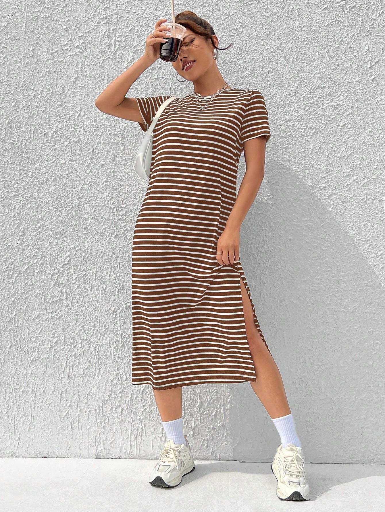 EZwear Black & White Striped Knitted Short Sleeve Casual Summer Dress With Print,Summer Dresses
Spring Clothes
