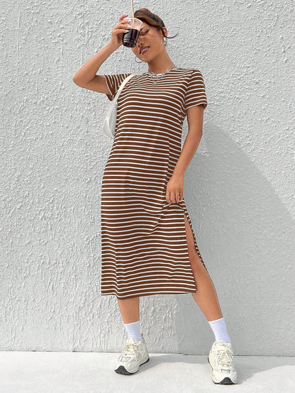 EZwear Black & White Striped Knitted Short Sleeve Casual Summer Dress With Print,Summer Dresses
Spring Clothes