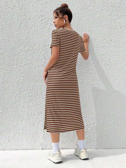 EZwear Black & White Striped Knitted Short Sleeve Casual Summer Dress With Print,Summer Dresses
Spring Clothes