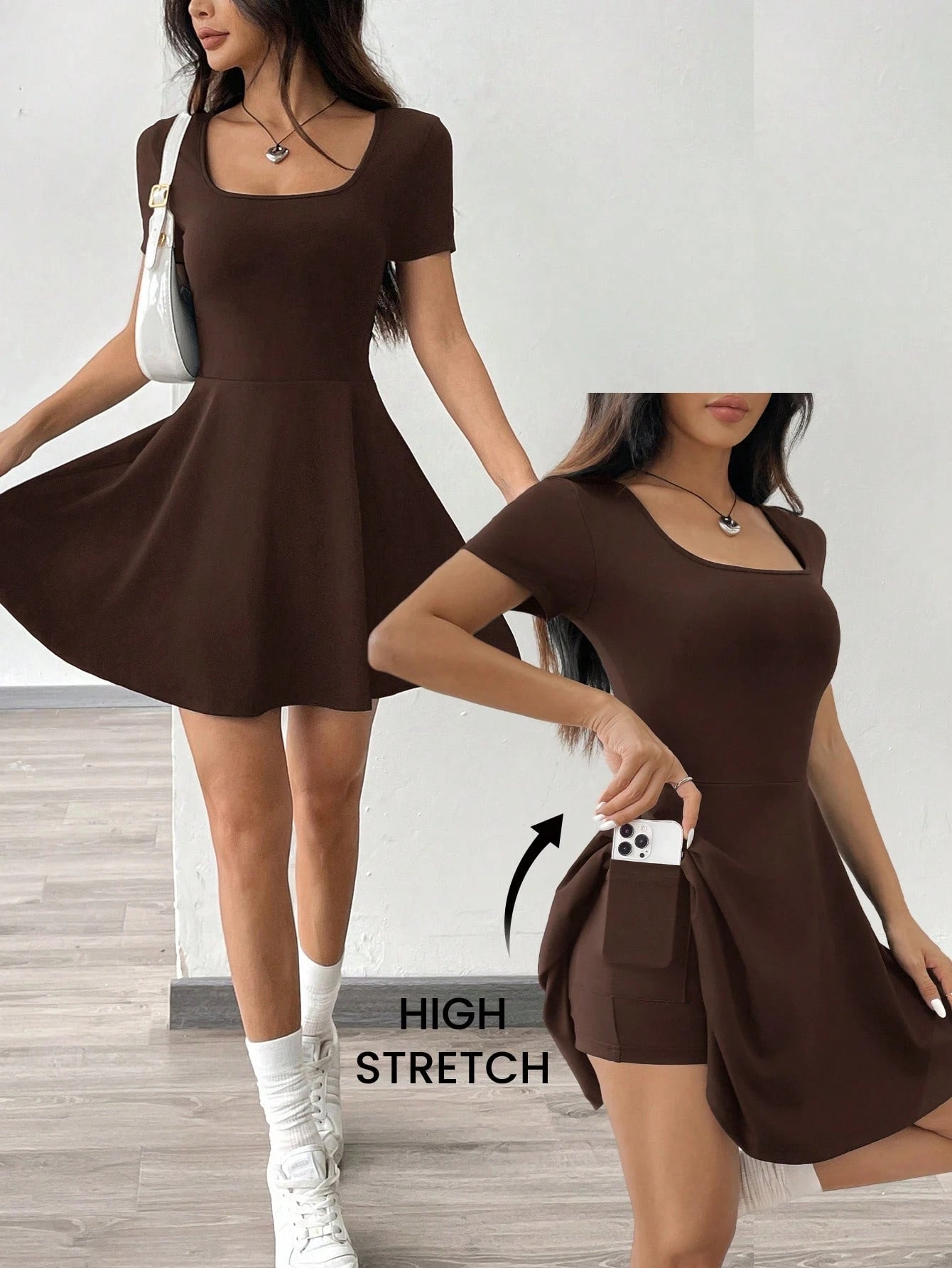 EZwear Brown Knitted Short Casual Dress, Comfortable For Home And Fitness, Women,Summer Dresses For Women