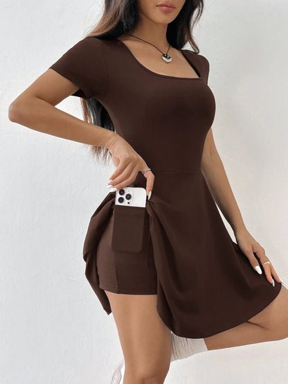 EZwear Brown Knitted Short Casual Dress, Comfortable For Home And Fitness, Women,Summer Dresses For Women