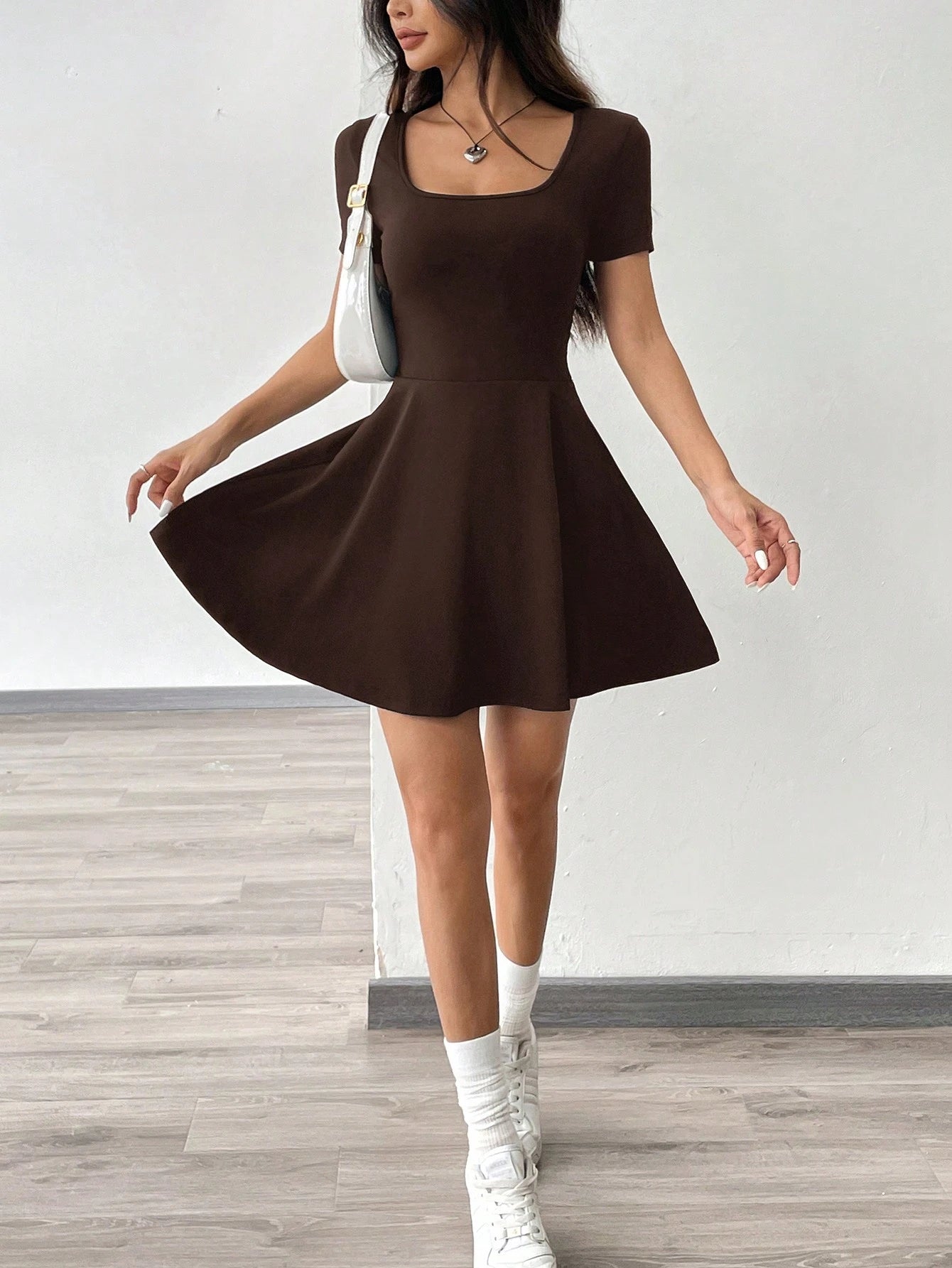 EZwear Brown Knitted Short Casual Dress, Comfortable For Home And Fitness, Women,Summer Dresses For Women