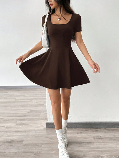 EZwear Brown Knitted Short Casual Dress, Comfortable For Home And Fitness, Women,Summer Dresses For Women