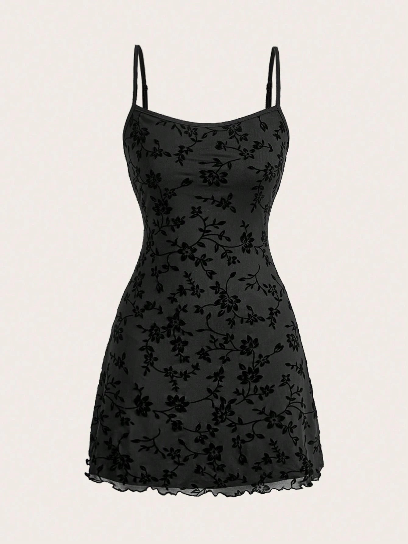 EZwear Elegant Slim-Fit Flocked Mesh Cami Dress, Summer