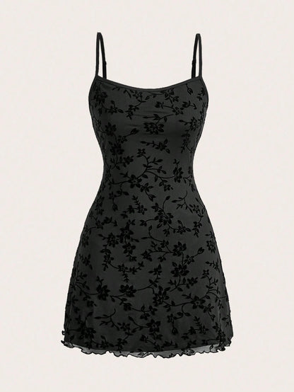 EZwear Elegant Slim-Fit Flocked Mesh Cami Dress, Summer