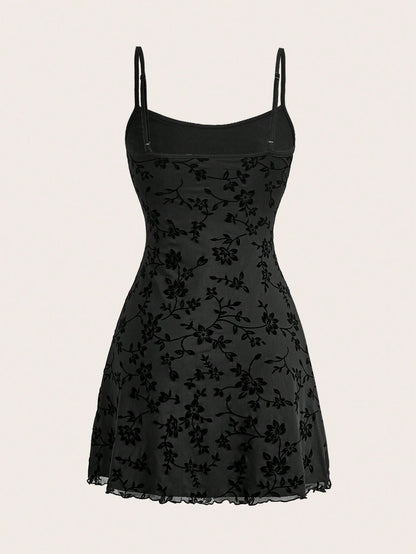 EZwear Elegant Slim-Fit Flocked Mesh Cami Dress, Summer