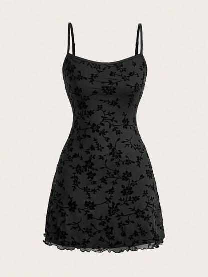EZwear Elegant Slim-Fit Flocked Mesh Cami Dress, Summer