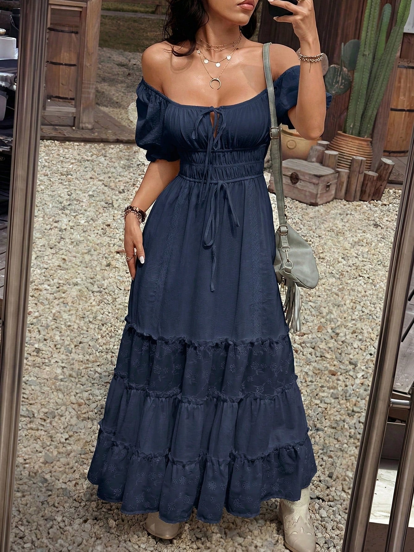 EZwear Navy Blue Summer Boho Elegant Holiday Vacation Off Shoulder Ruffle Hem Maxi Dress For Women,Solid Color Casual Resort Wear Long Zanea Dress