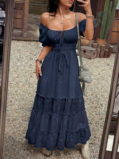 EZwear Navy Blue Summer Boho Elegant Holiday Vacation Off Shoulder Ruffle Hem Maxi Dress For Women,Solid Color Casual Resort Wear Long Zanea Dress