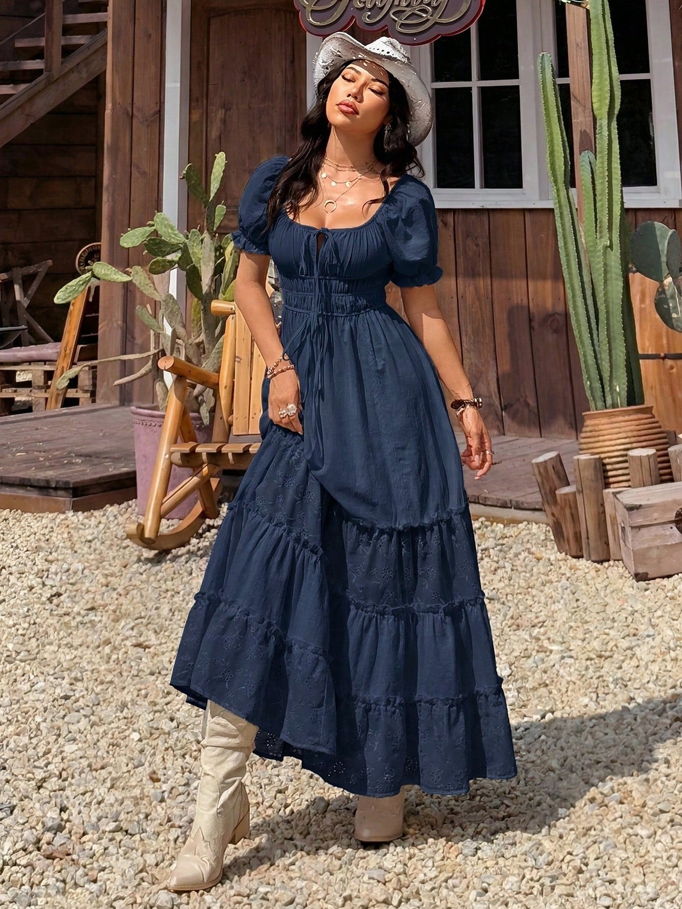 EZwear Navy Blue Summer Boho Elegant Holiday Vacation Off Shoulder Ruffle Hem Maxi Dress For Women,Solid Color Casual Resort Wear Long Zanea Dress