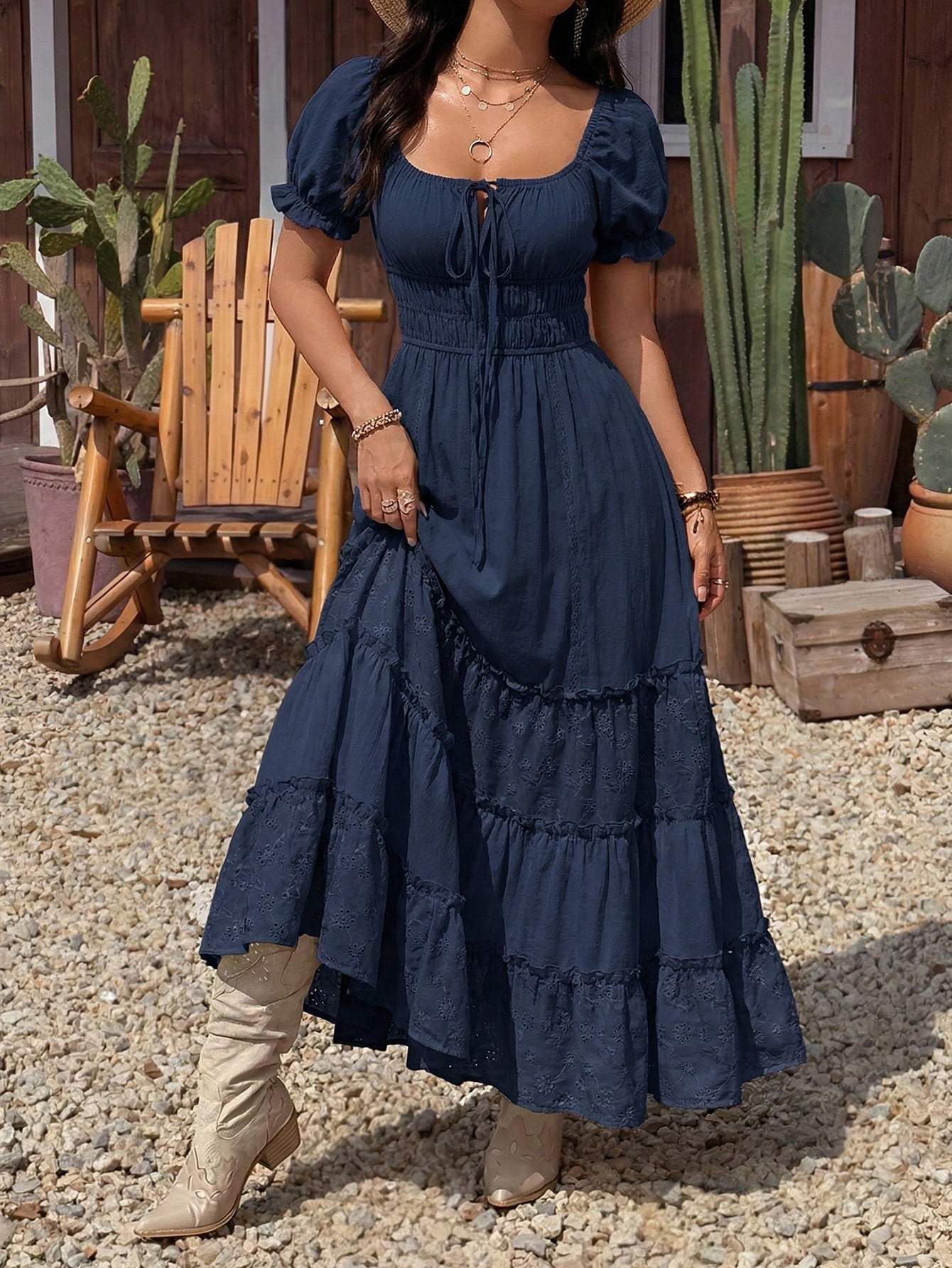 EZwear Navy Blue Summer Boho Elegant Holiday Vacation Off Shoulder Ruffle Hem Maxi Dress For Women,Solid Color Casual Resort Wear Long Zanea Dress