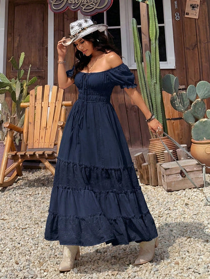 EZwear Navy Blue Summer Boho Elegant Holiday Vacation Off Shoulder Ruffle Hem Maxi Dress For Women,Solid Color Casual Resort Wear Long Zanea Dress