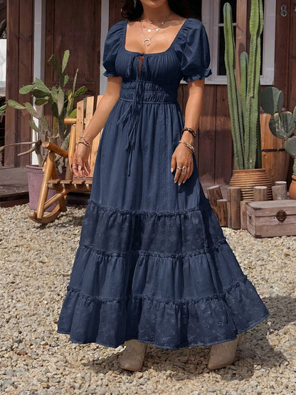 EZwear Navy Blue Summer Boho Elegant Holiday Vacation Off Shoulder Ruffle Hem Maxi Dress For Women,Solid Color Casual Resort Wear Long Zanea Dress