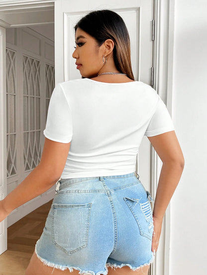 EZwear Plus Size Solid Round Neck Casual Crop Baby Tee