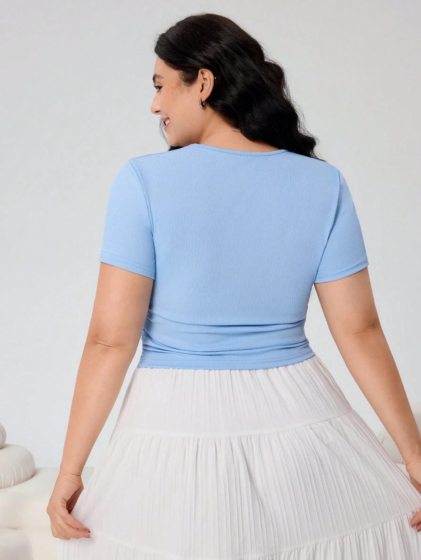 EZwear Plus Size Solid Round Neck Casual Crop Baby Tee