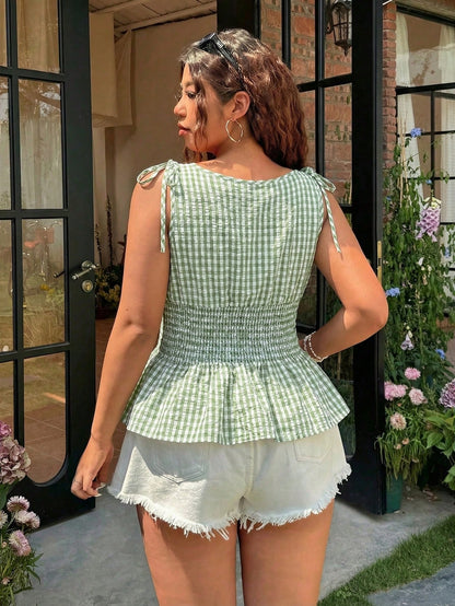 EZwear Plus Size Women Lime Green Plaid Sleeveless Casual Blouse, Summer Tops