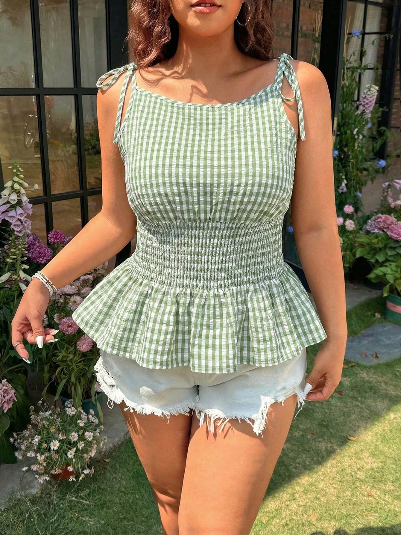 EZwear Plus Size Women Lime Green Plaid Sleeveless Casual Blouse, Summer Tops