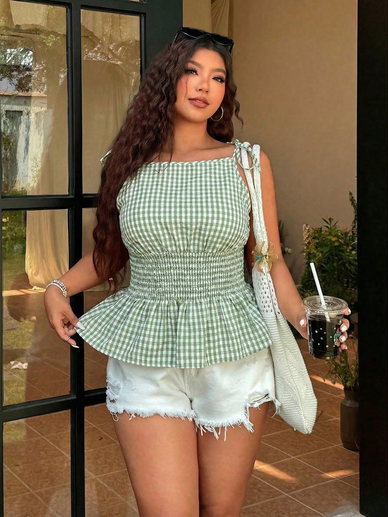 EZwear Plus Size Women Lime Green Plaid Sleeveless Casual Blouse, Summer Tops