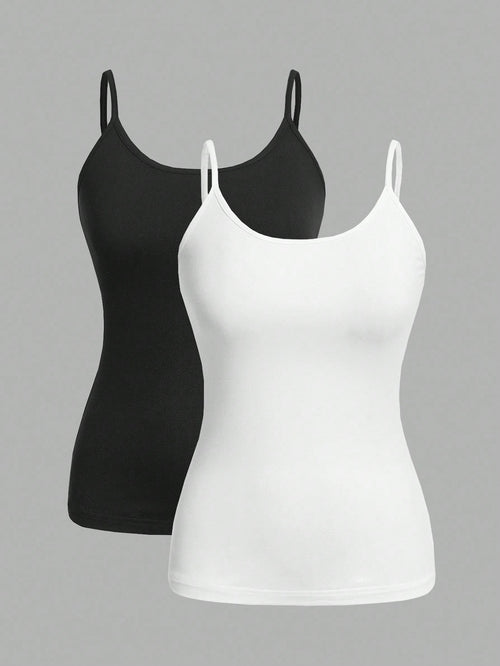 EZwear Plus Size Women's Black & White 2pcs/Set Tight Casual Cami Tops, Suitable For Summer Back To School