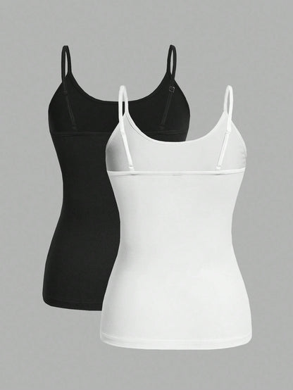 EZwear Plus Size Women's Black & White 2pcs/Set Tight Casual Cami Tops, Suitable For Summer Back To School