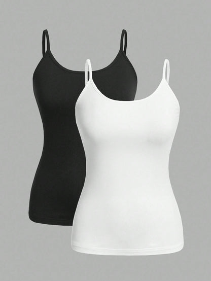 EZwear Plus Size Women's Black & White 2pcs/Set Tight Casual Cami Tops, Suitable For Summer Back To School