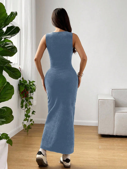 EZwear Stylish Sleeveless Round Neck Midi Tank Dress In Soft Blue Knitted Fabric For Casual Scenes Slim Dress,Casual Dresses For Women
