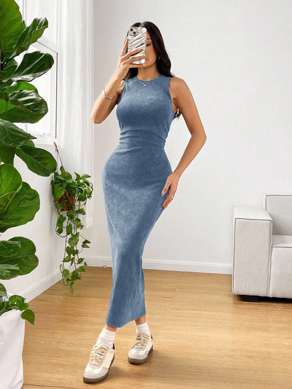 EZwear Stylish Sleeveless Round Neck Midi Tank Dress In Soft Blue Knitted Fabric For Casual Scenes Slim Dress,Casual Dresses For Women