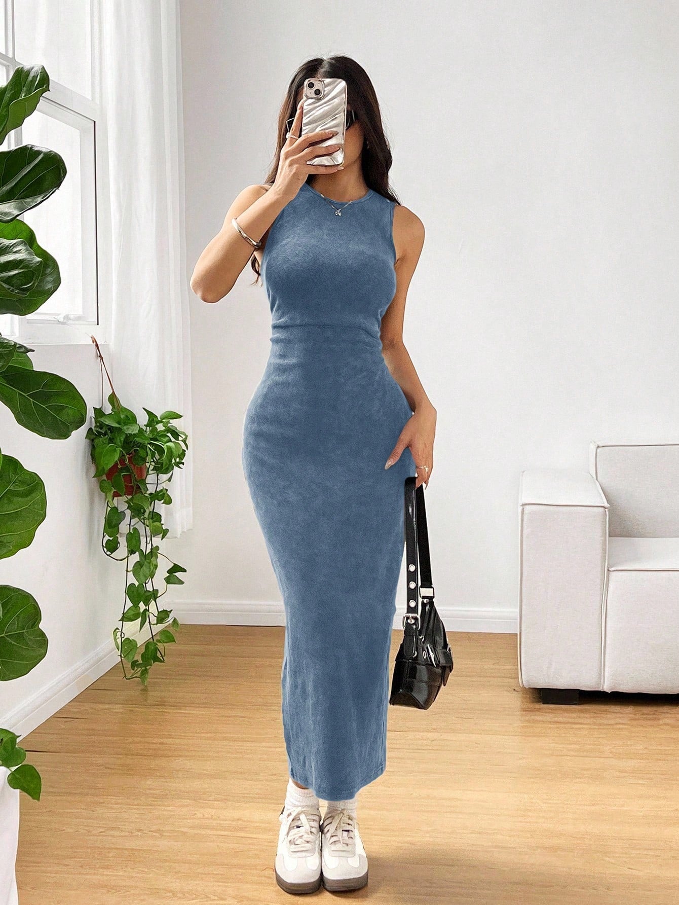 EZwear Stylish Sleeveless Round Neck Midi Tank Dress In Soft Blue Knitted Fabric For Casual Scenes Slim Dress,Casual Dresses For Women