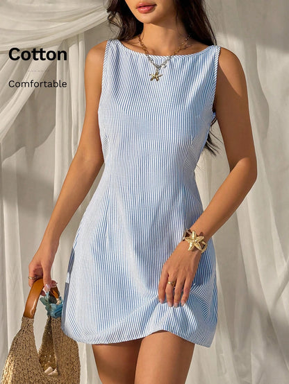 EZwear Summer Outfits Blue And White Striped Striped Woven Backless Sleeveless Mini Dress For Women,Summer Dress Beach Vacation Coastal Sexy Tropical