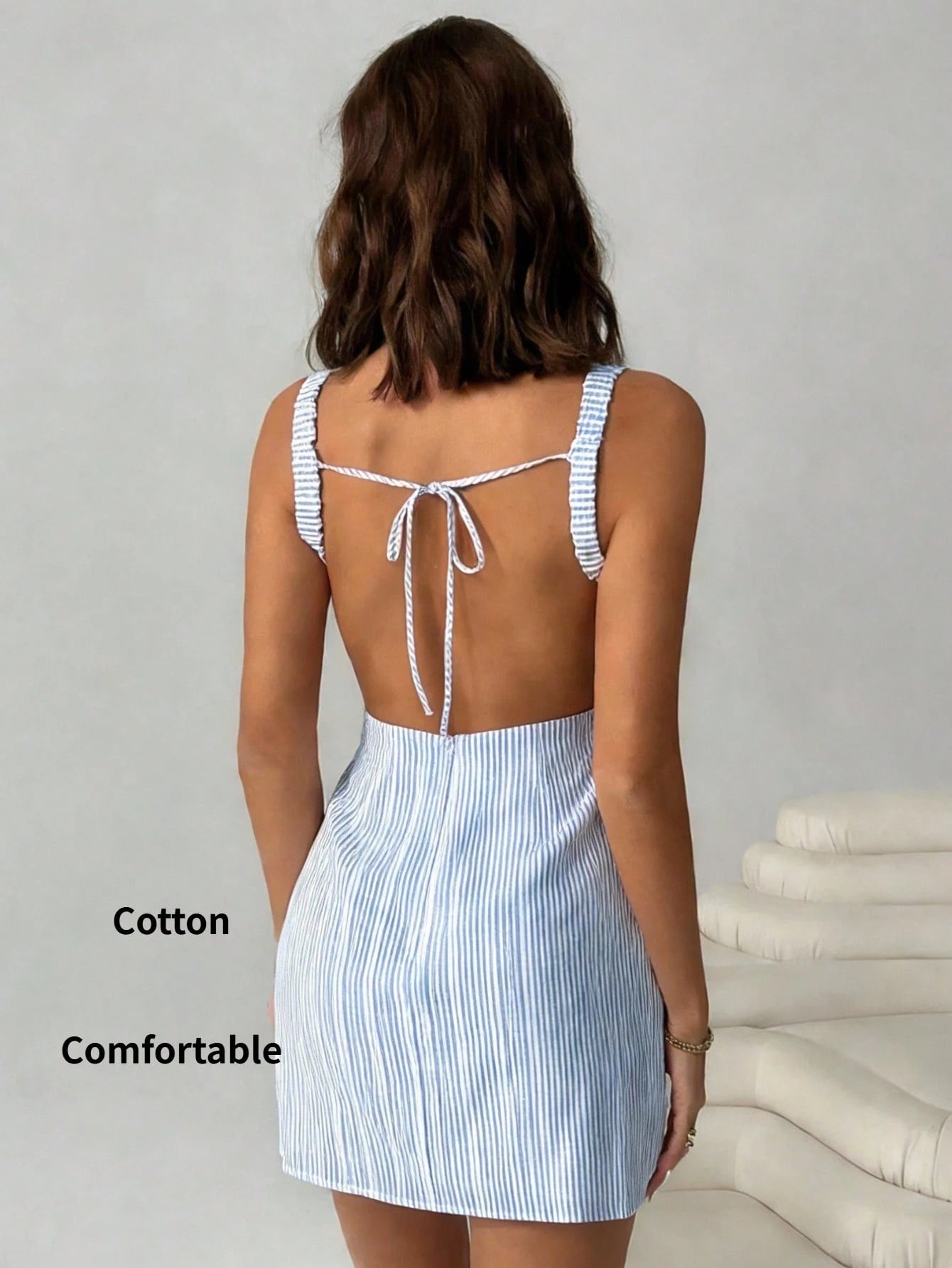 EZwear Summer Outfits Blue And White Striped Striped Woven Backless Sleeveless Mini Dress For Women,Summer Dress Beach Vacation Coastal Sexy Tropical