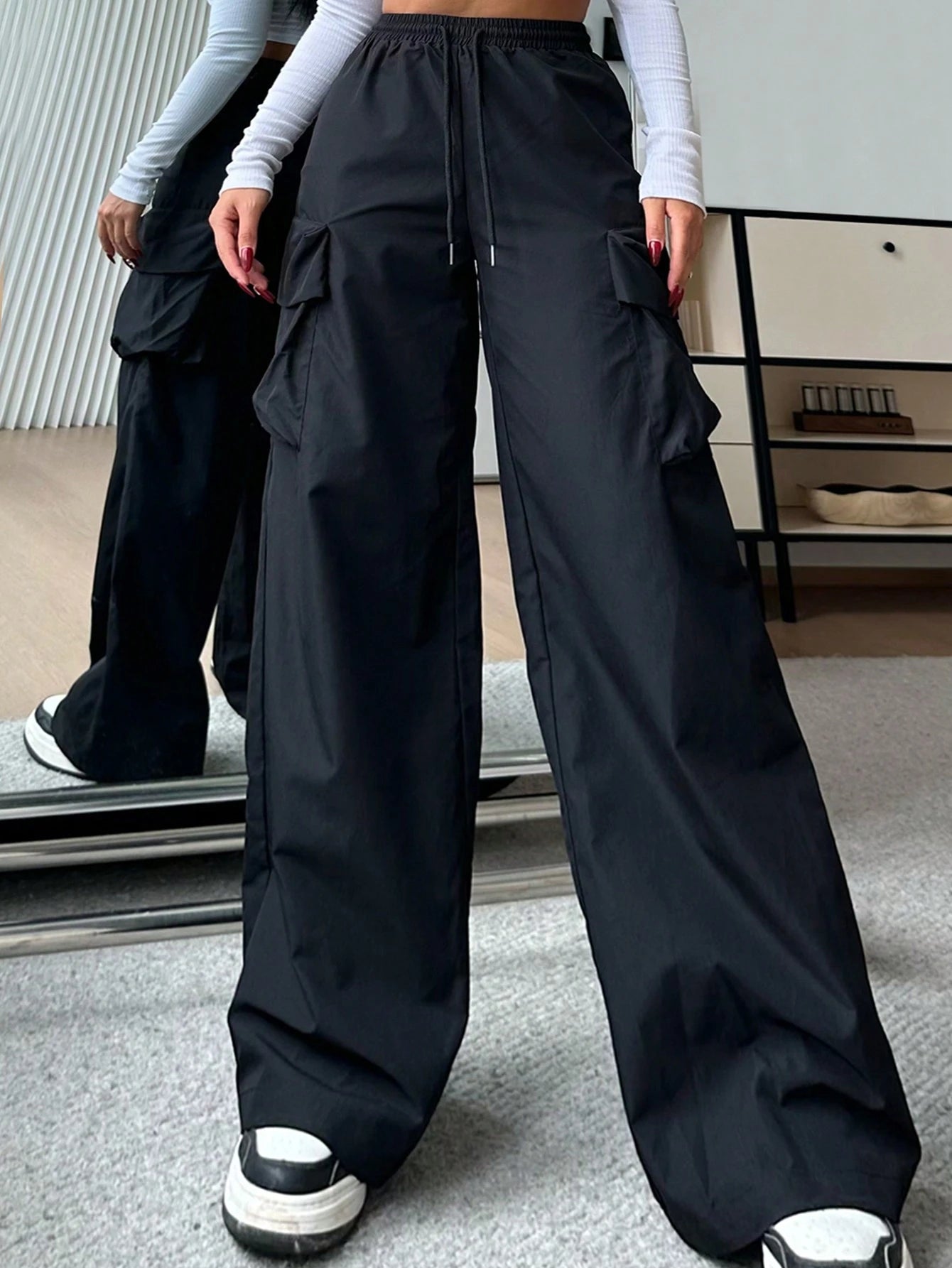EZwear Women Casual Solid-Color Black Woven High-Waisted Wide-Leg Cargo Pants