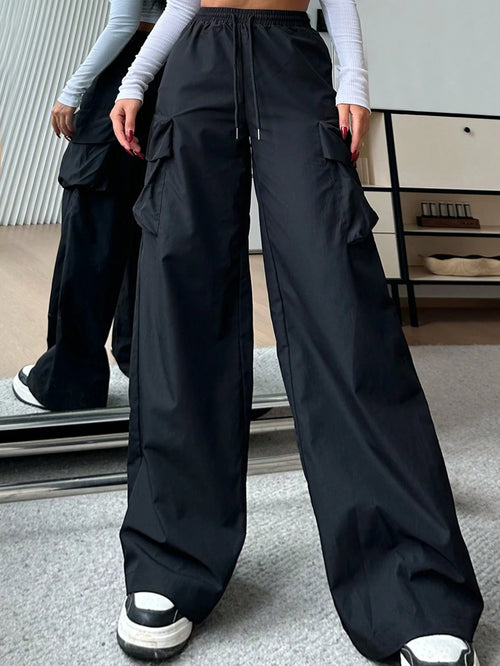 EZwear Women Casual Solid-Color Black Woven High-Waisted Wide-Leg Cargo Pants
