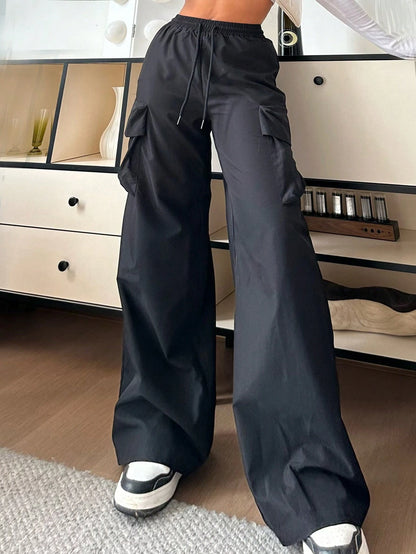 EZwear Women Casual Solid-Color Black Woven High-Waisted Wide-Leg Cargo Pants