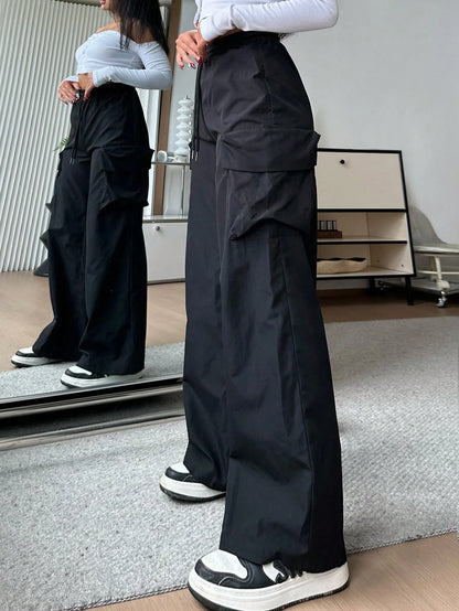EZwear Women Casual Solid-Color Black Woven High-Waisted Wide-Leg Cargo Pants