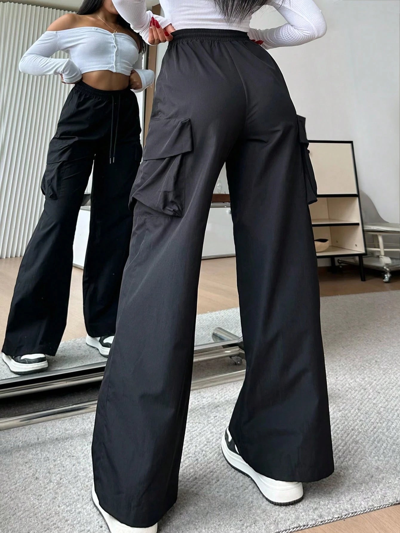 EZwear Women Casual Solid-Color Black Woven High-Waisted Wide-Leg Cargo Pants