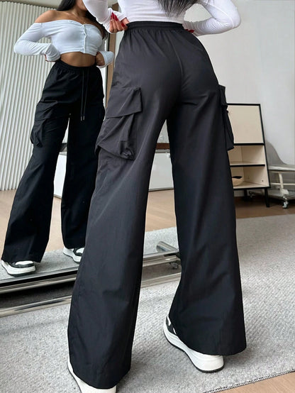 EZwear Women Casual Solid-Color Black Woven High-Waisted Wide-Leg Cargo Pants