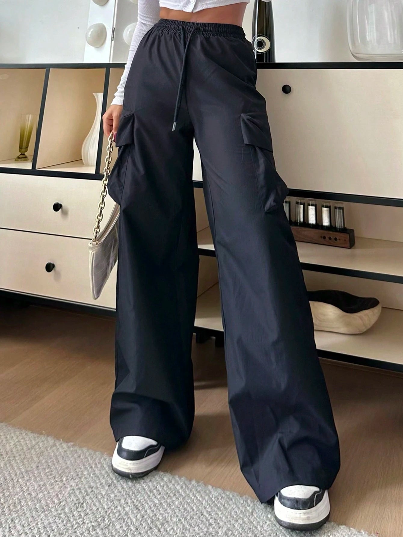 EZwear Women Casual Solid-Color Black Woven High-Waisted Wide-Leg Cargo Pants