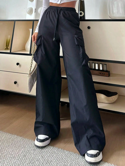 EZwear Women Casual Solid-Color Black Woven High-Waisted Wide-Leg Cargo Pants