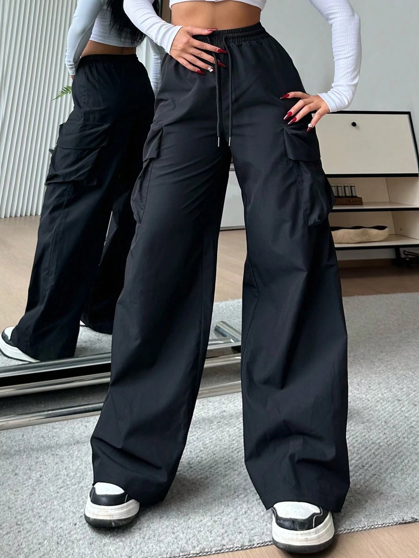 EZwear Women Casual Solid-Color Black Woven High-Waisted Wide-Leg Cargo Pants