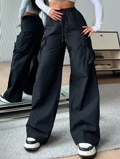 EZwear Women Casual Solid-Color Black Woven High-Waisted Wide-Leg Cargo Pants