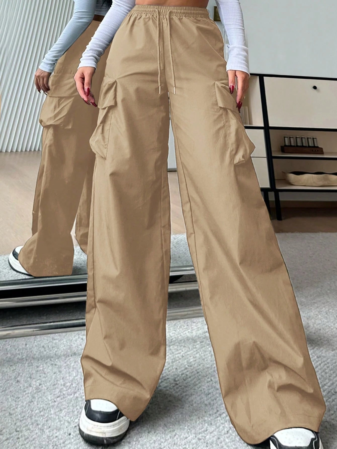 EZwear Women Casual Solid-Color Black Woven High-Waisted Wide-Leg Cargo Pants