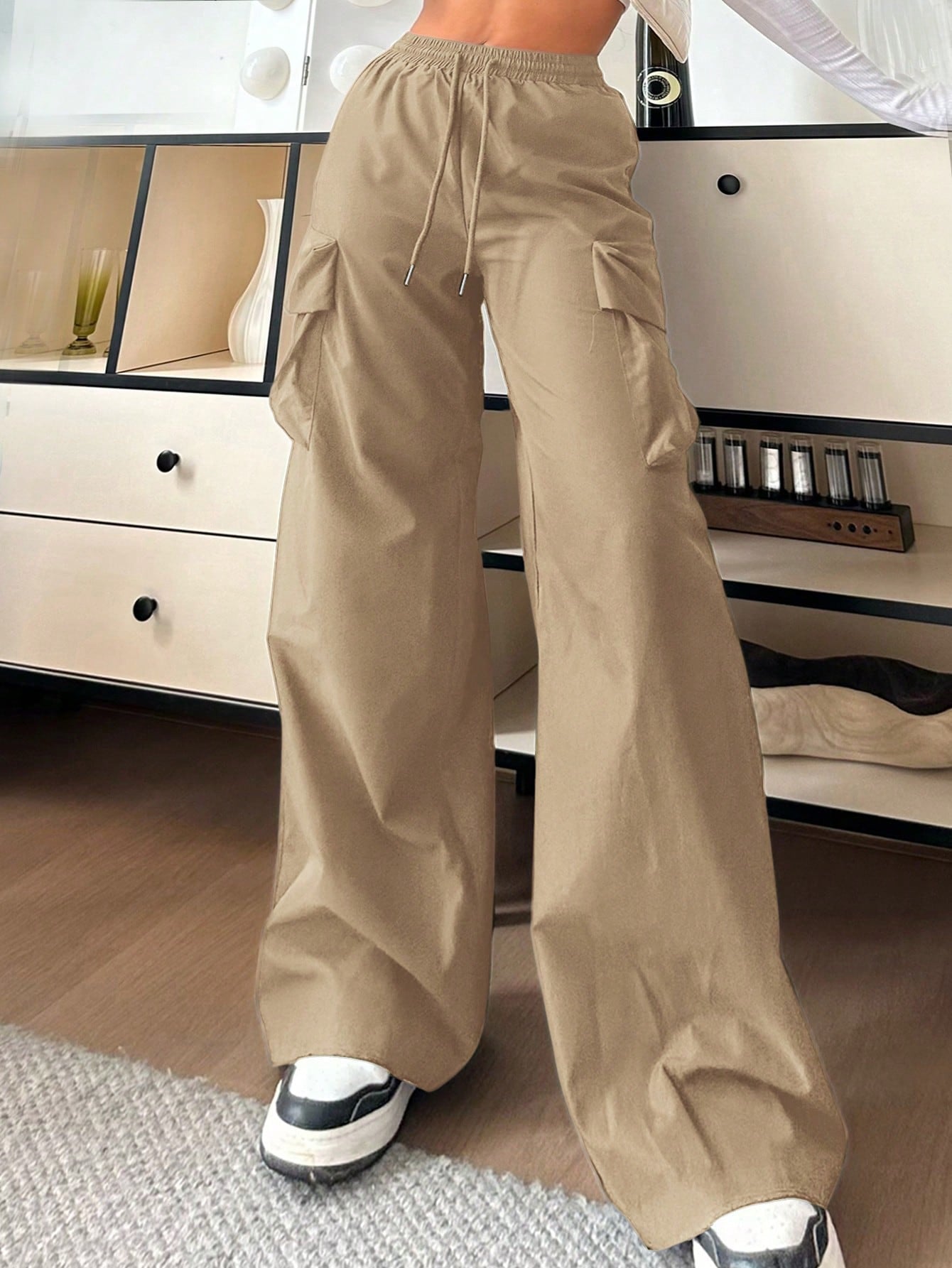EZwear Women Casual Solid-Color Black Woven High-Waisted Wide-Leg Cargo Pants
